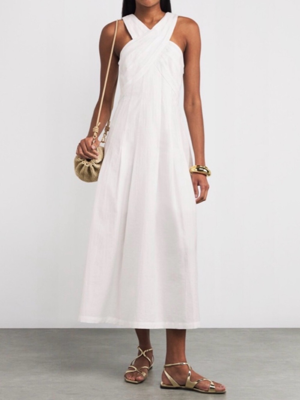 Sandro Cotton Blend White Cross-Front Maxi Dress